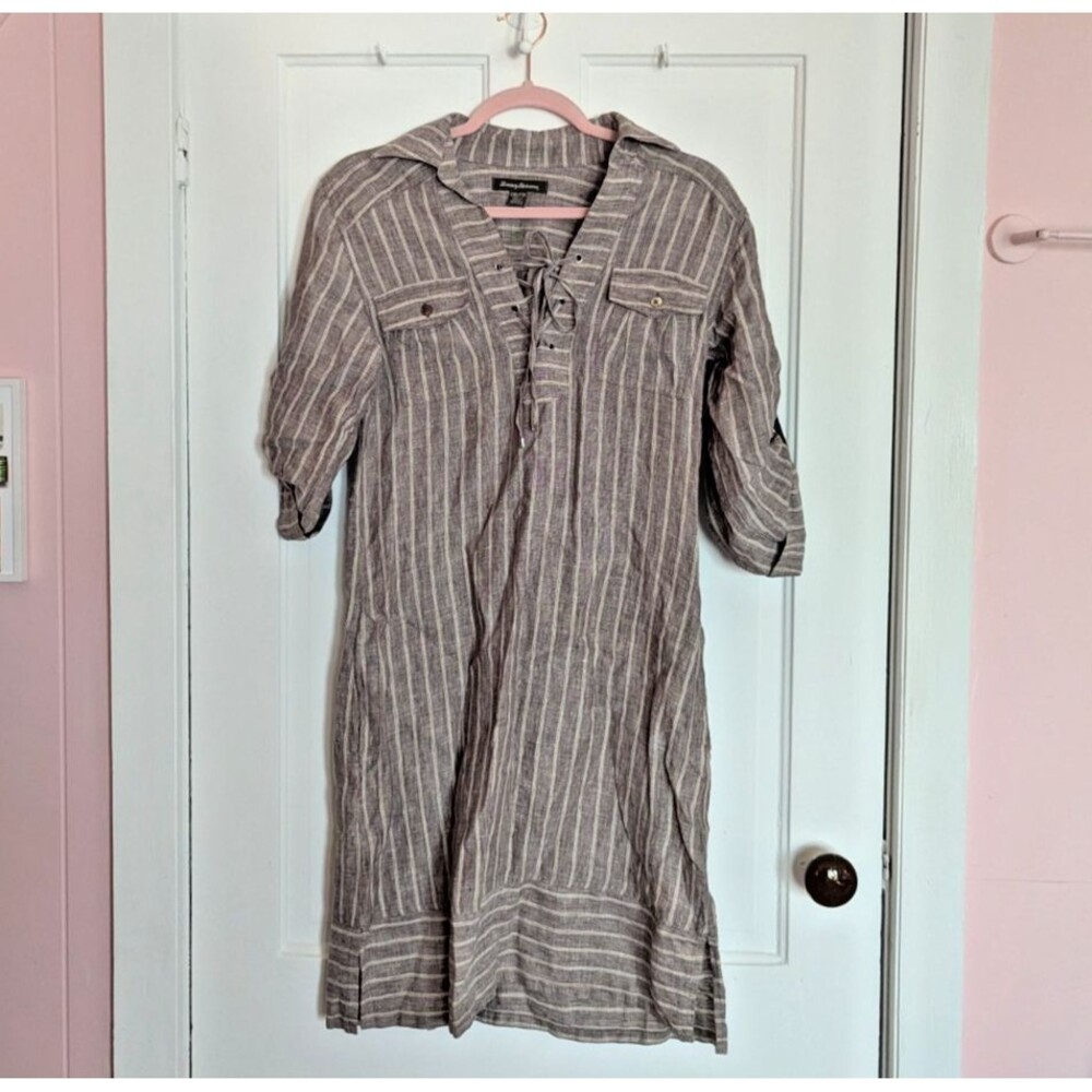 Tommy Bahama Women's Two Palms Stripe Briarwood Linen Shirt Dress Size XXS